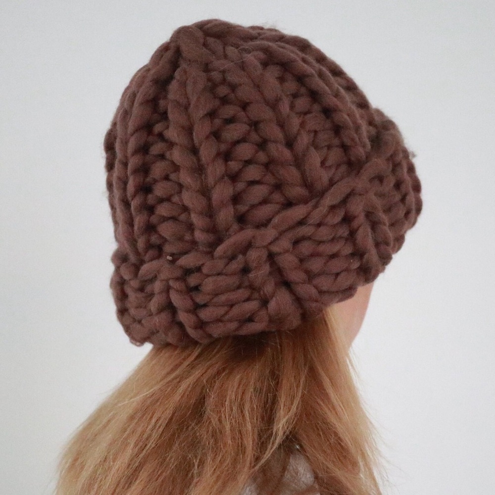 Chunky handknit 100% merino wool hat chocolate brown